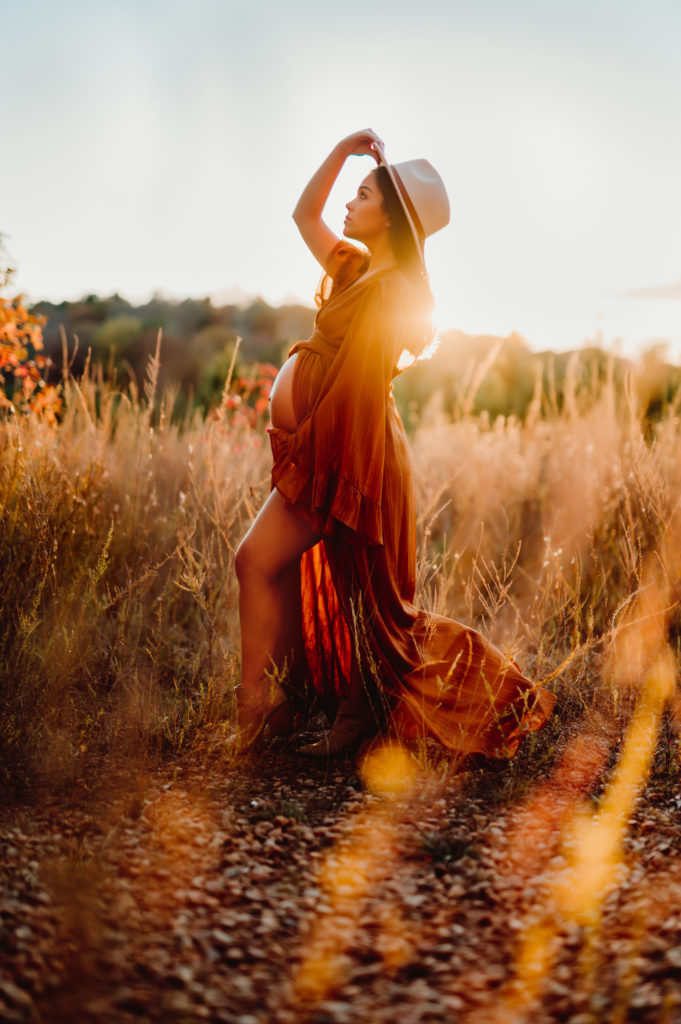 Maternity and Newborn Photographer, a pregnant woman in a gown stands in a field under rays of sunlight